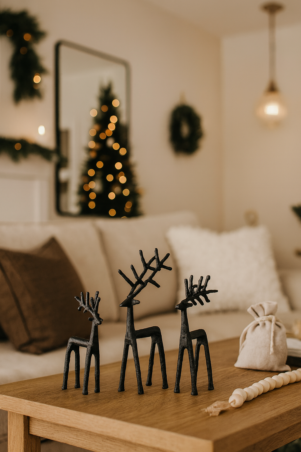 Matte black metal reindeer ornaments in a Christmas setting