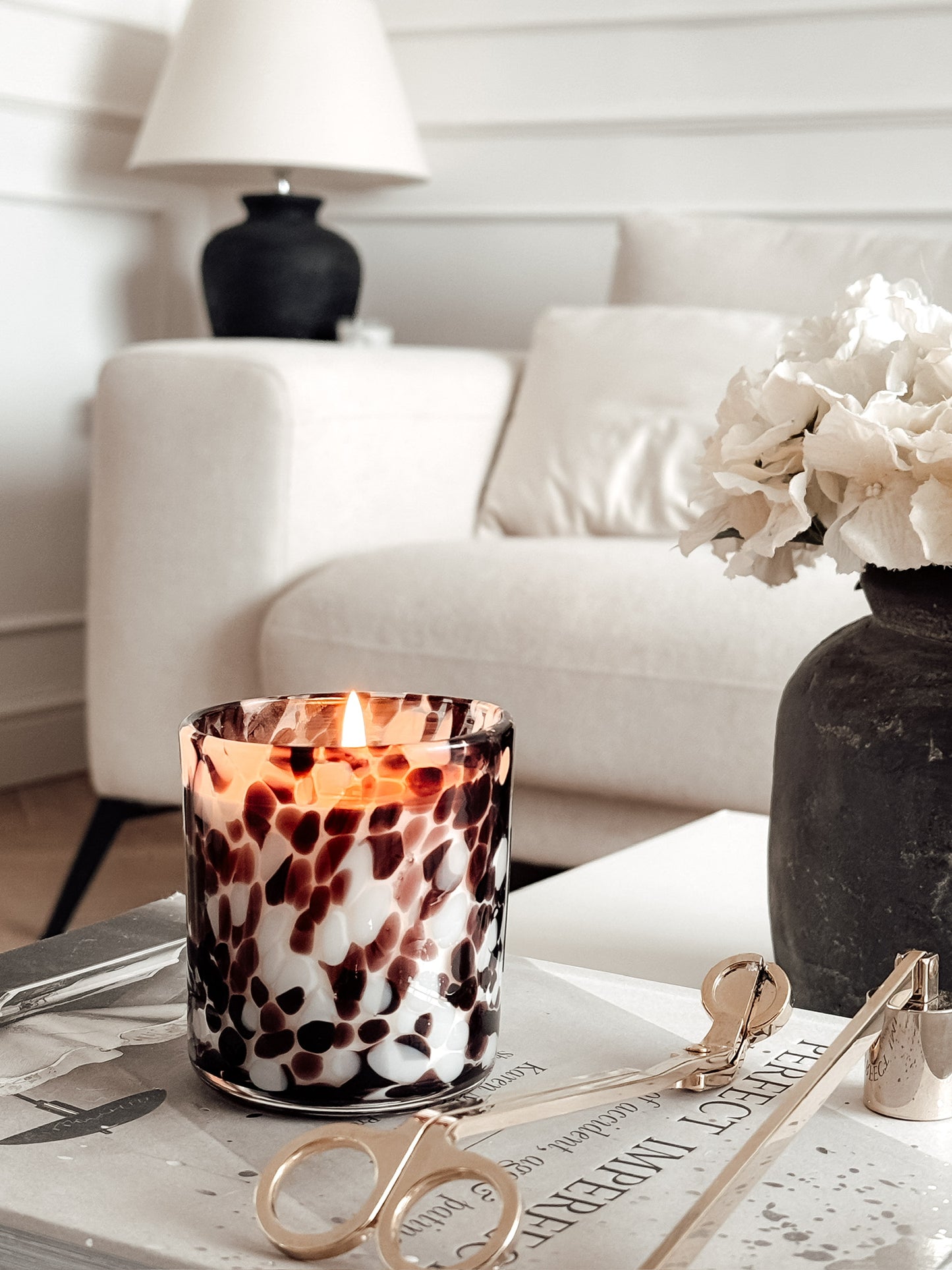 BURGUNDY AND WHITE CHEETAH CANDLE AND GOLD CANDLE SNUFFER AND WICK TRIMMER