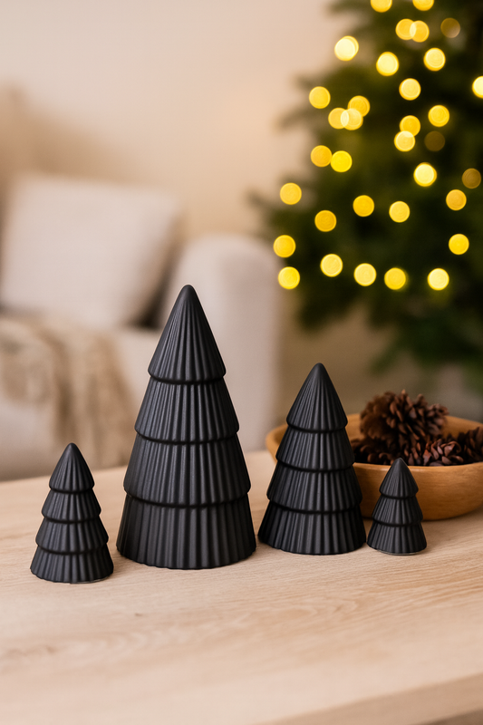 Black decorative Christmas trees on a table with a blurred background of a decorated tree.