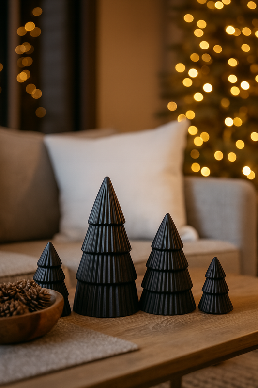 Black decorative trees on a wooden table with a blurred festive background