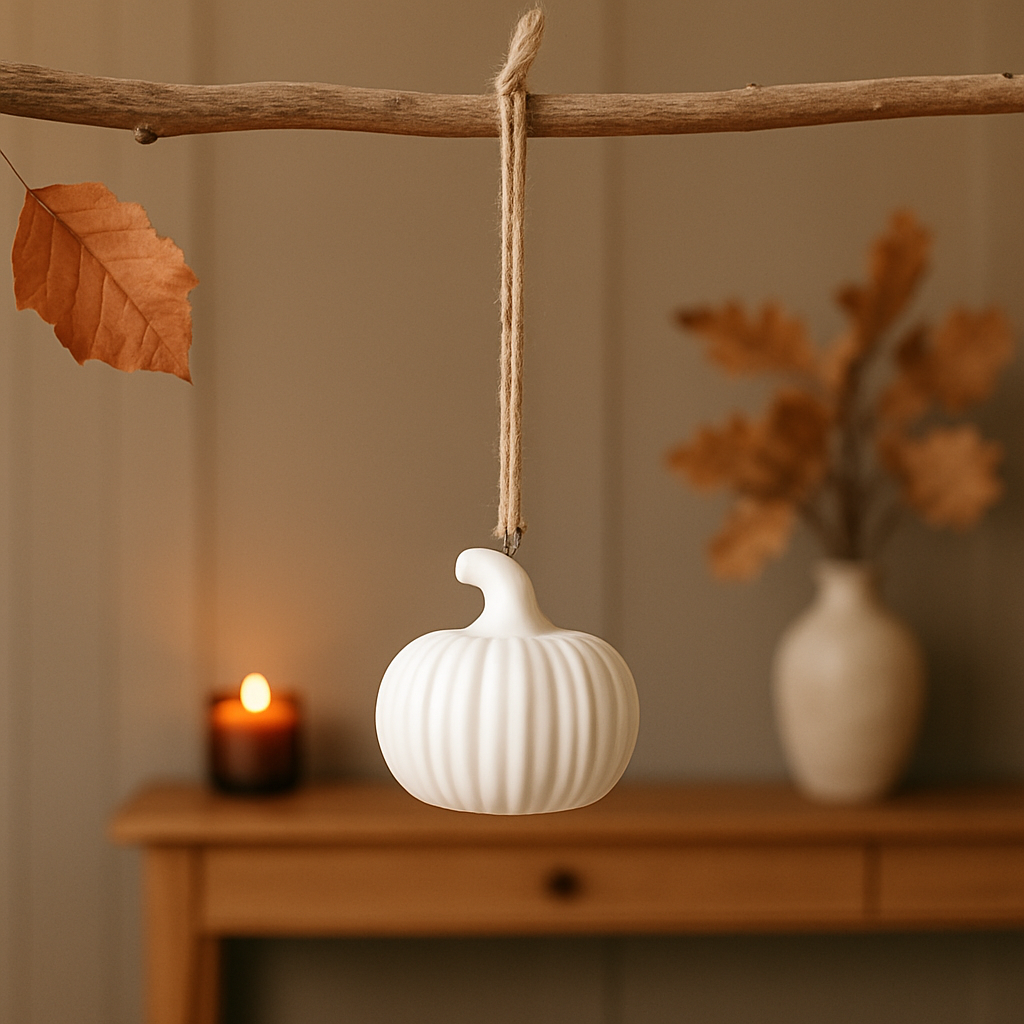 White hanging ceramic pumpkin decor in autumnal home