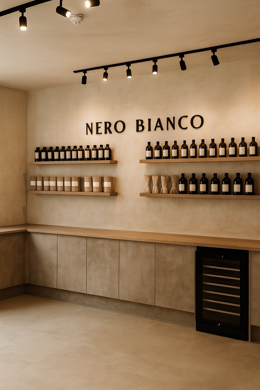drinks fridge with lime wash interior with shelves displaying candle fragrance bottles and Nero Bianco branding.
