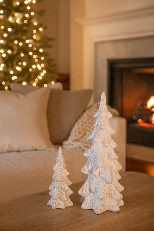 A pair of ceramic Christmas trees with frosty tips sitting on a coffee table in front of a Christmas tree lit with fairy lights