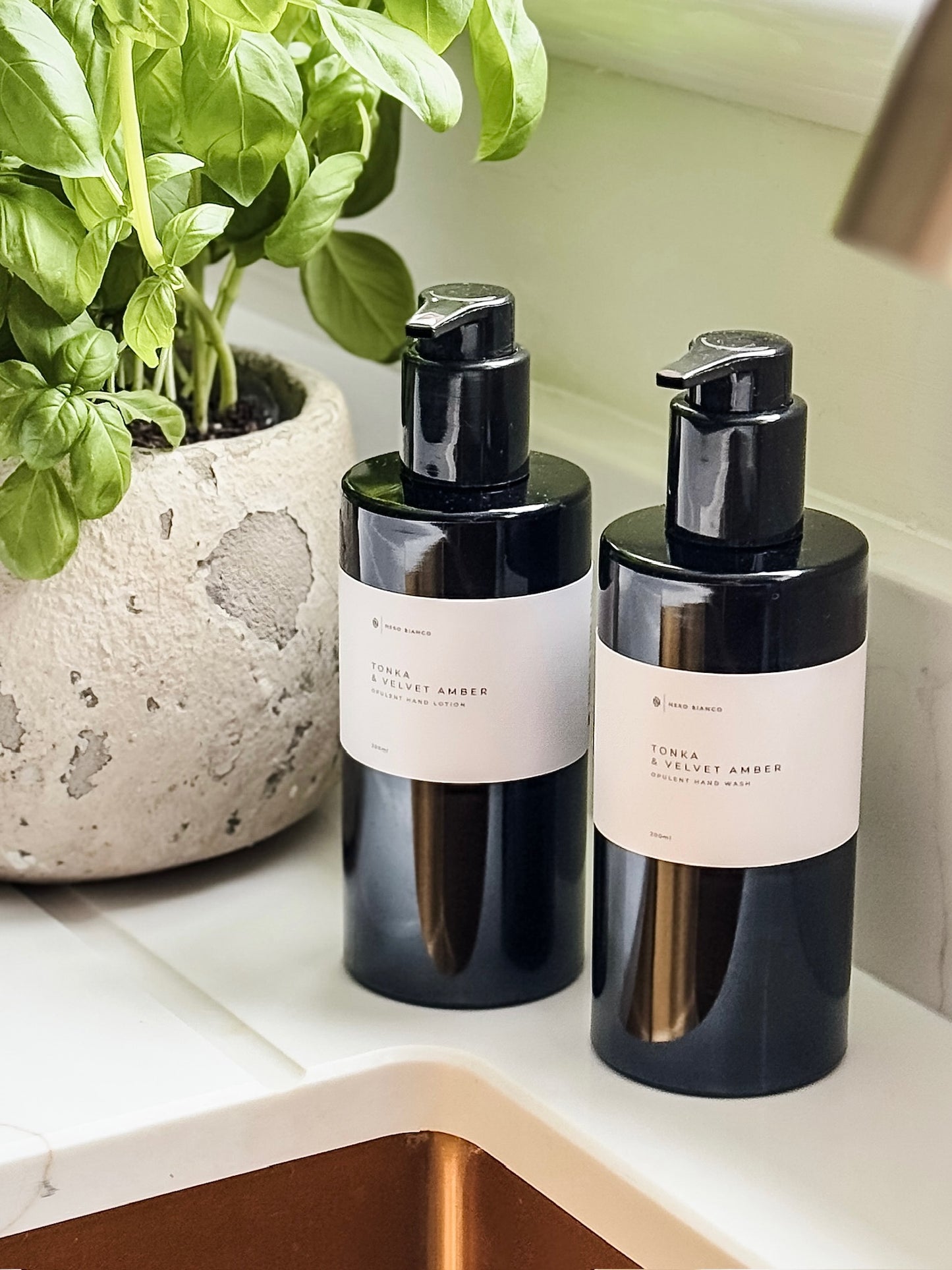 hand wash and lotion in black bottles with pump dispensers on a kitchen counter next to a potted basil.