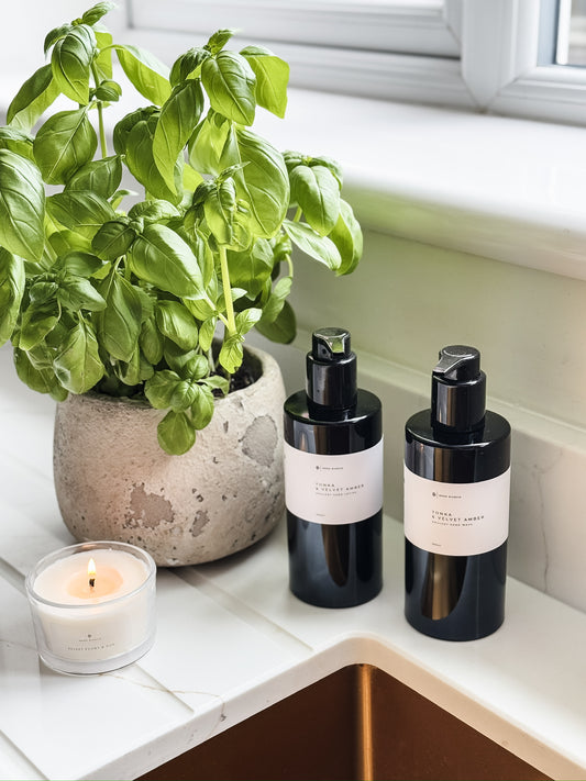 luxury hand wash and lotion in black bottles with white labels on a windowsill with a potted plant and candle.