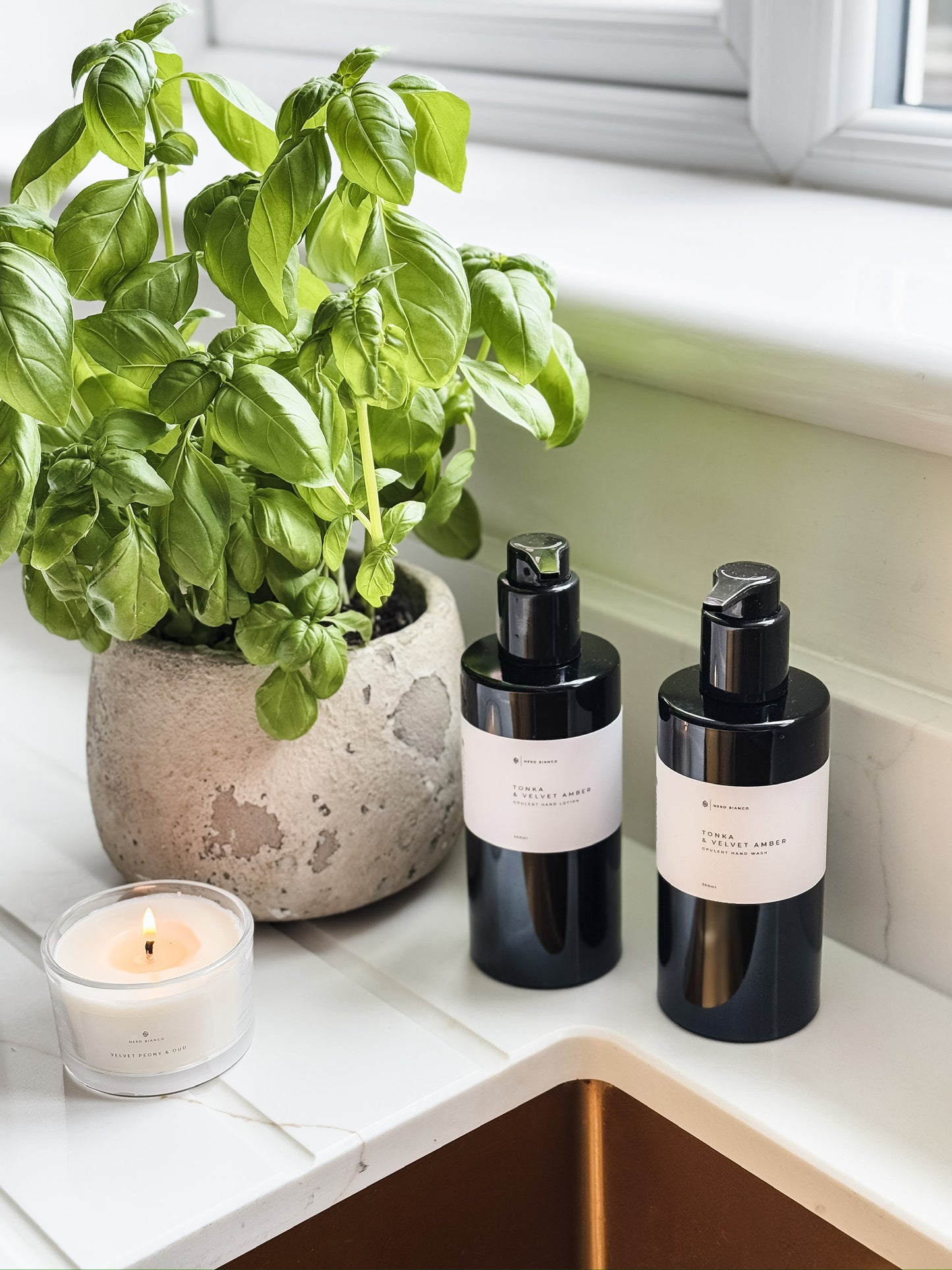 luxury hand wash and lotion in black bottles with white labels on a windowsill with a potted plant and candle.