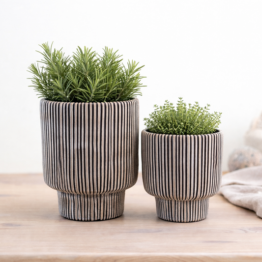 Two striped ceramic planters with green plants on a wooden surface.