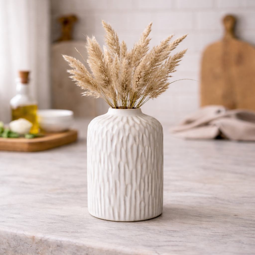 White textured vase with dried plants on a marble surface