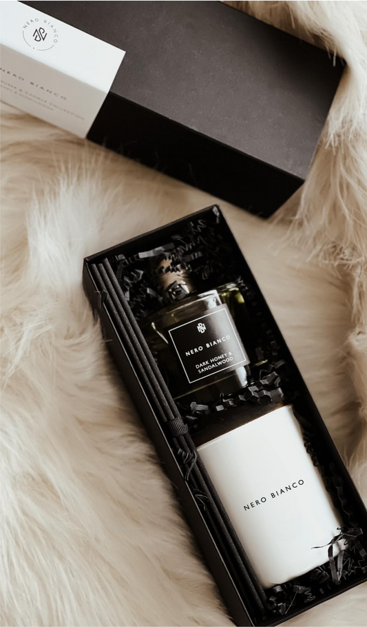 candle and reed diffuser gift set in black matt pull out box