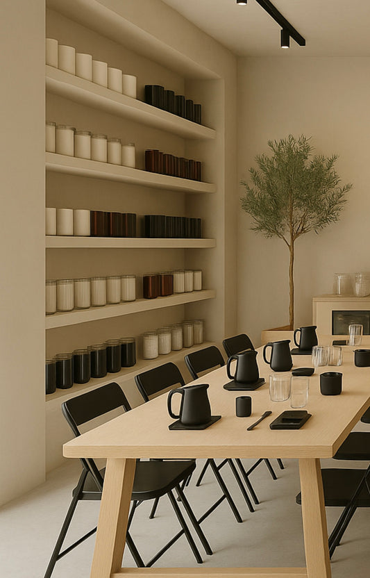 Modern candle making workshop interior with lime wash shelves displaying candle glass, a table with candle jugs and chairs.
