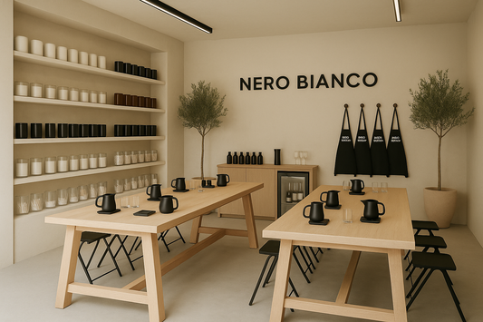 Modern candle making workshop interior with wooden tables, chairs, and shelves displaying candle glass and candle making equipment. 'Nero Bianco' branding visible.