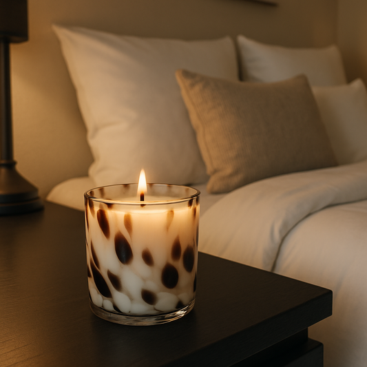Candle in a leopard print holder on a nightstand with a bed in the background