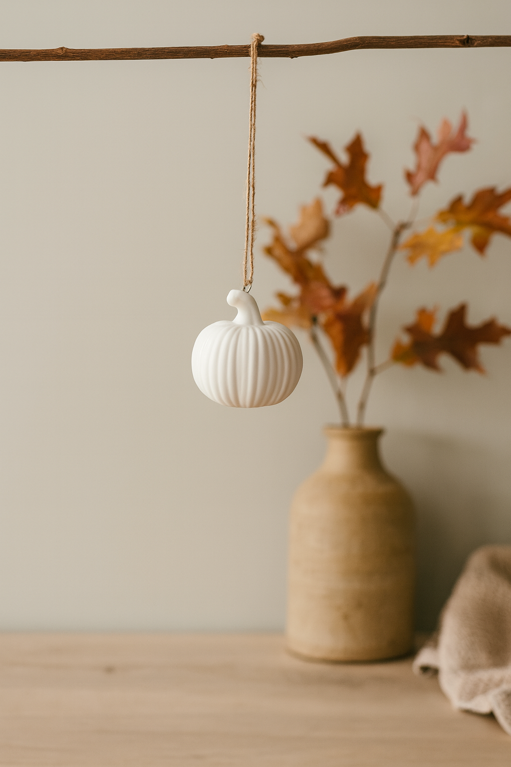 white pumpkin hanging decoration on a branch with autumn leaves
