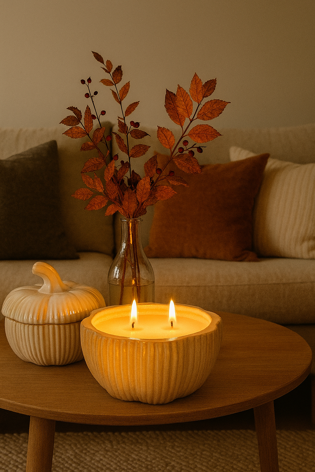pumpkin ceramic Candle in a textured bowl with decorative leaves and pumpkins on a wooden table in a cozy living room.
