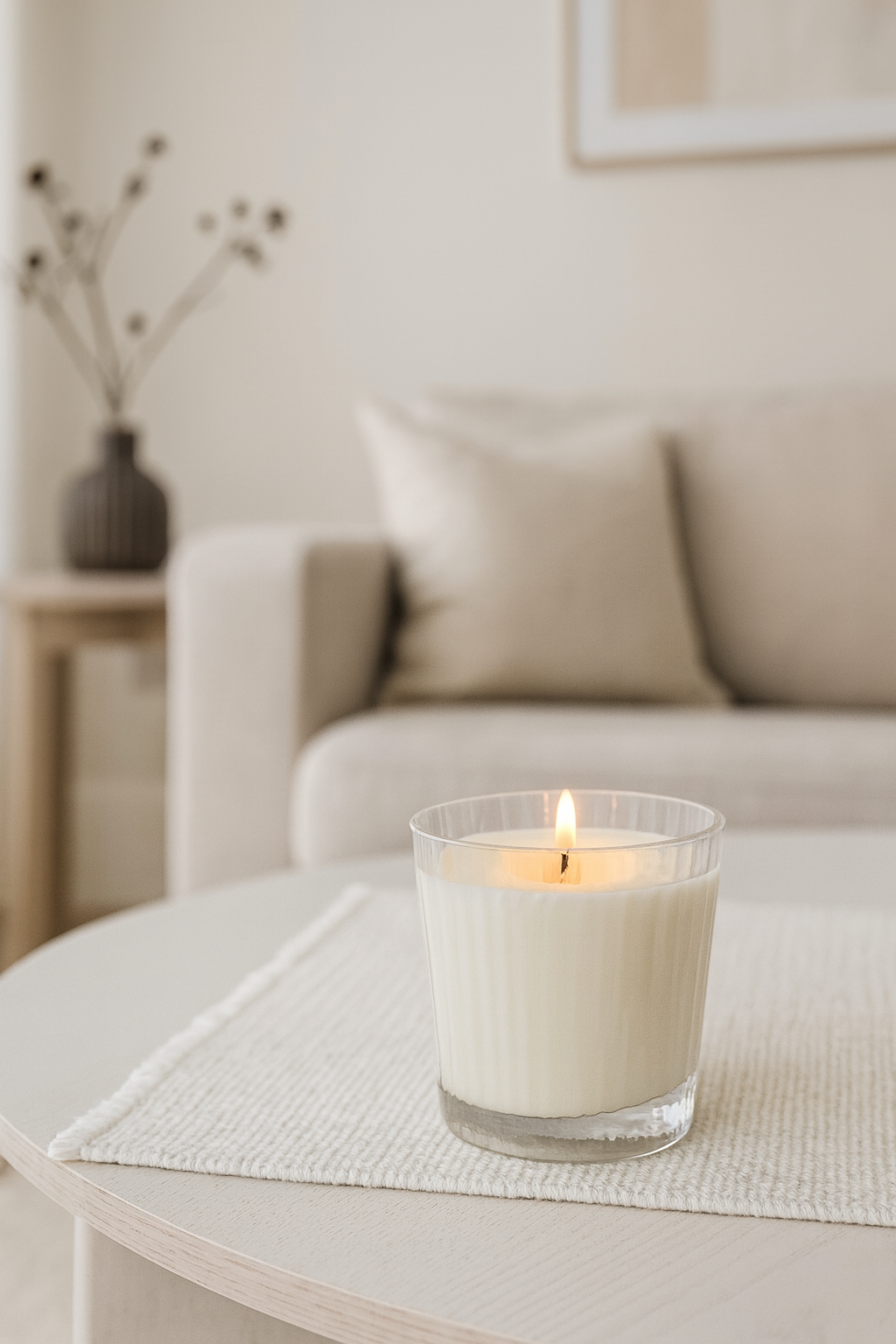 slow sunday scented candle in ribbed glass vessel on a coffee table in a neutral home