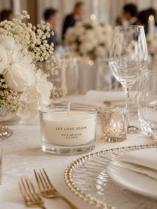 Wedding reception table setting with a candle labeled 'Let Love Glow' and floral arrangements.