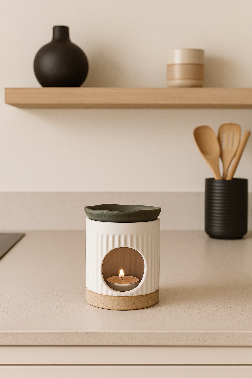 Ceramic wax melt burner with a lit candle on a kitchen counter, with wooden spoons in the background.
