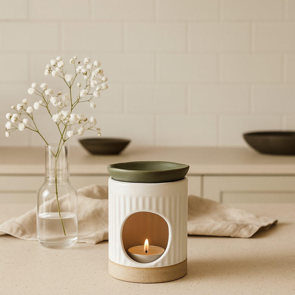 Ceramic oil burner with a lit candle on a neutral background