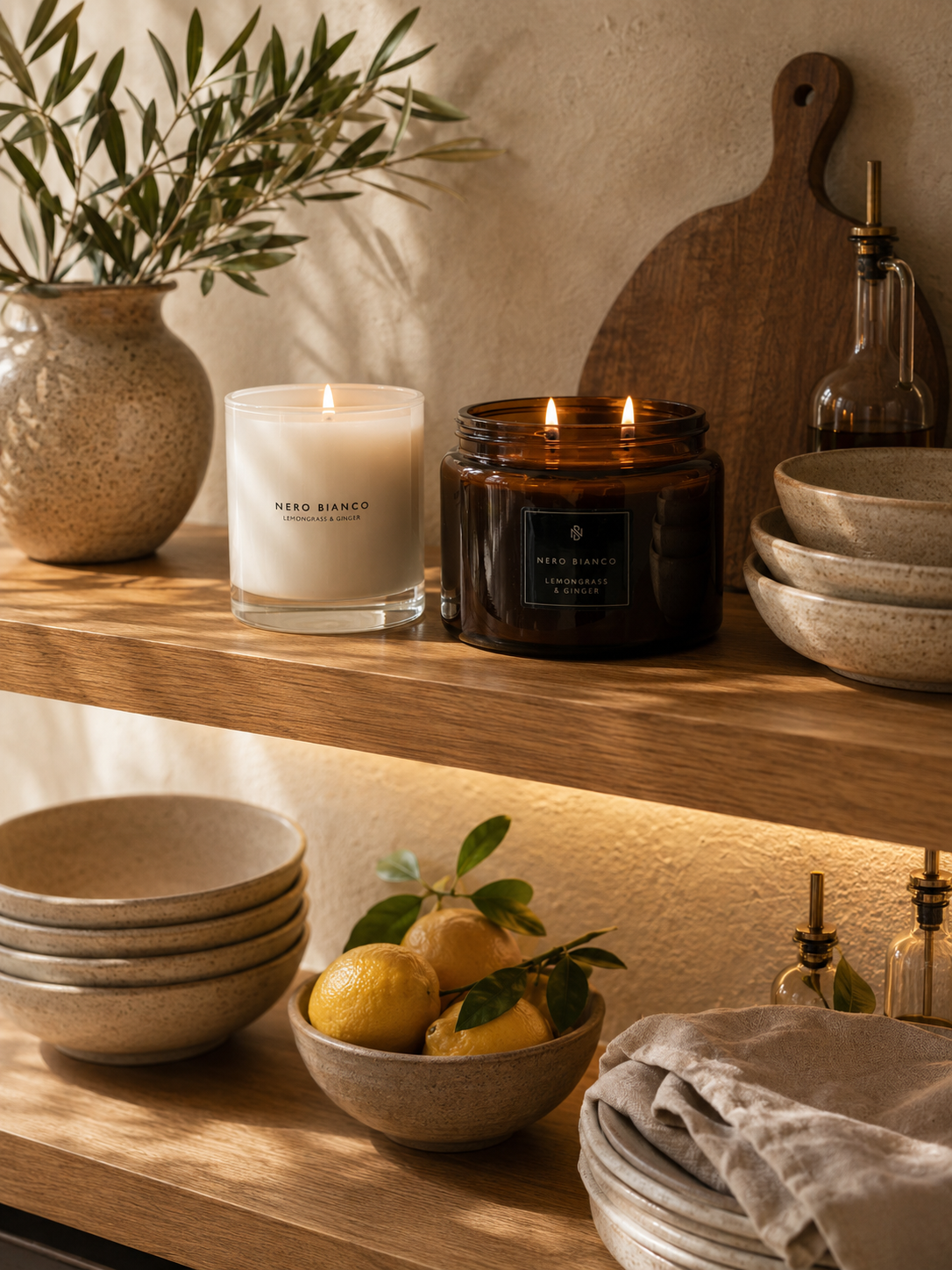 Wooden shelf with candles, bowls, and lemons in a warm setting