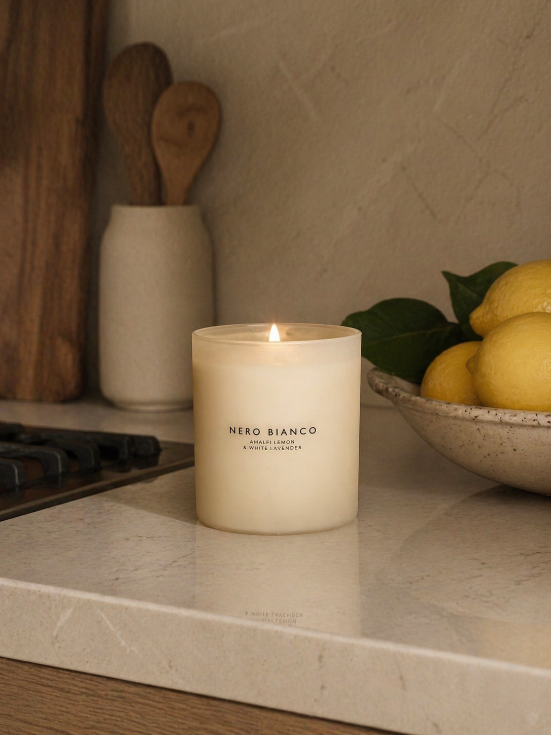 Dalmatian Print Candle close up in a neutral living room