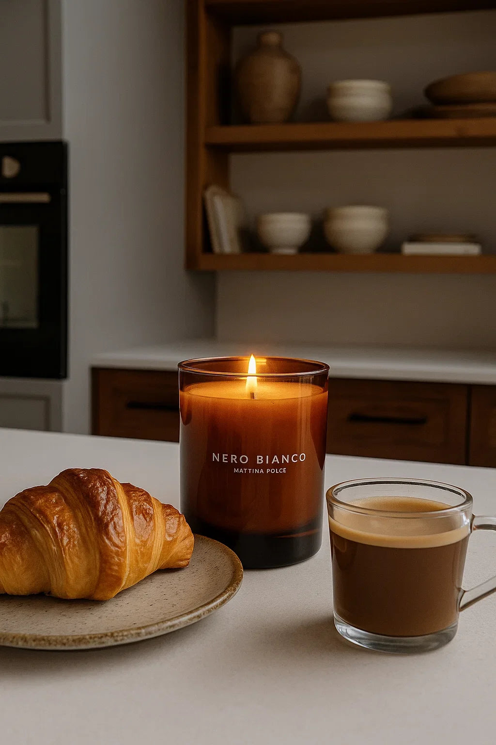 Candle labeled 'Nero Bianco' next to a croissant and coffee cup on a table.