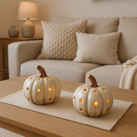 Two rustic ceramic pumpkins with led lights sitting on a coffee table in front of a neutral coloured sofa