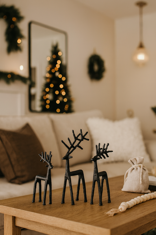 Matte black metal reindeer ornaments in a Christmas setting