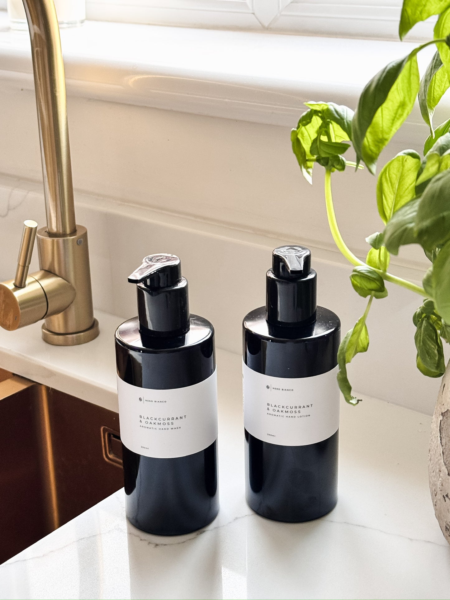Blackcurrant & Oakmoss Luxury Hand Lotion and Hand Wash besides a kitchen sink