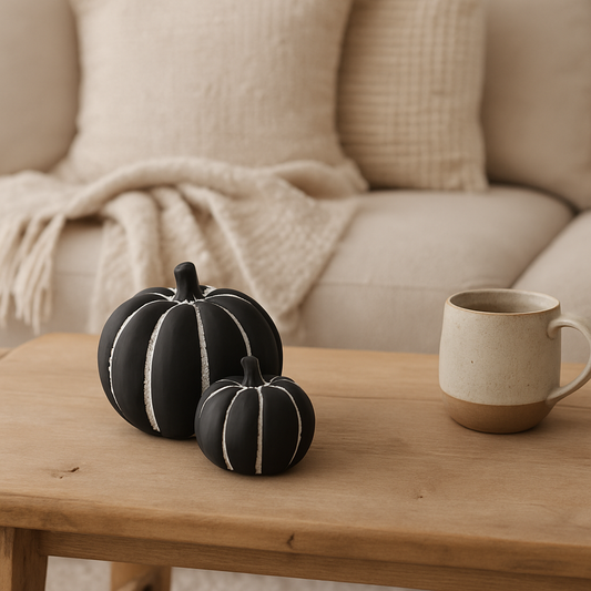 Two black decorative pumpkins on a wooden coffee table