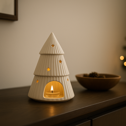 Decorative wax melt burner and tea light holder shaped like a Christmas tree with stars on a wooden surface.