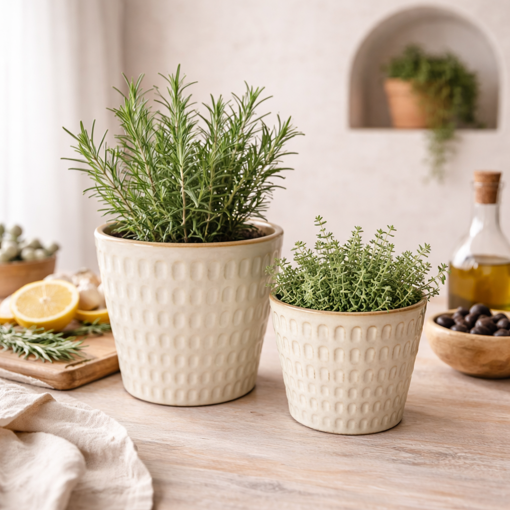 Two potted plants on a wooden table with kitchen items in the background