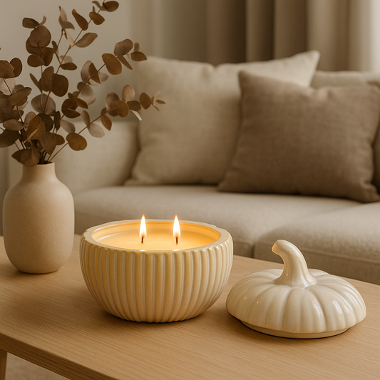 Ceramic pumpkin candle holder with two wicks wooden table, next to a vase with dried leaves and a white pumpkin-shaped container.