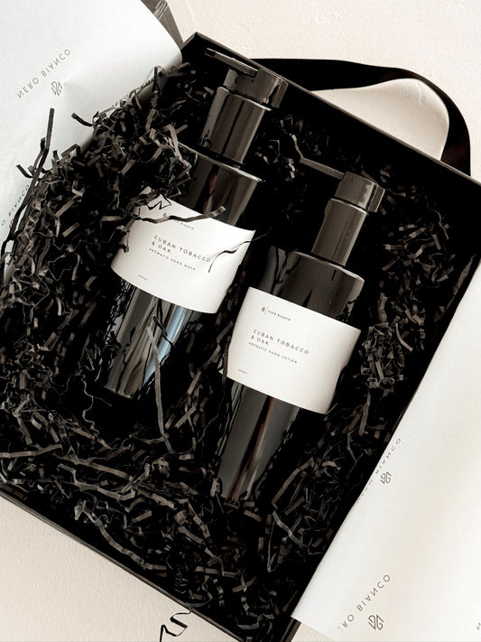 HAND WASH AND LOTION GIFT SET IN BLACK GLASS BOTTLES WITH WHITE LABEL