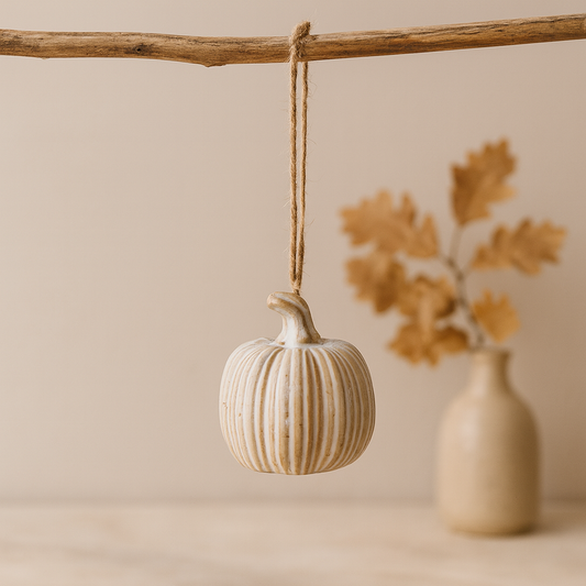 Hanging ribbed ceramic pumpkin In neutral 