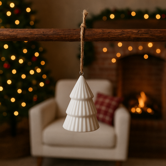White ceramic Christmas tree ornament hanging from a branch with a festive background featuring a fireplace and tree.