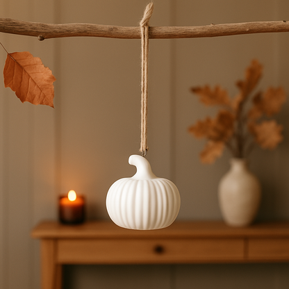 White hanging ceramic pumpkin decor in autumnal home