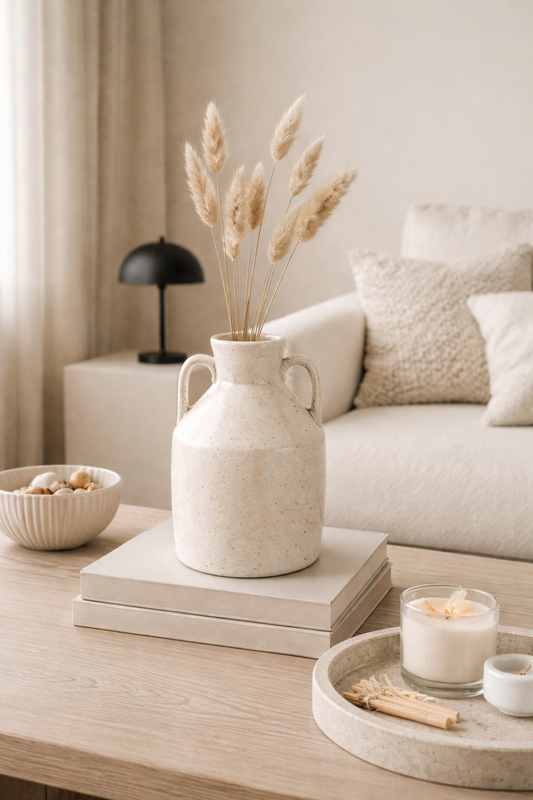 Decorative vase with dried plants on a coffee table in a living room setting.