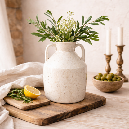 White vase with greenery on a wooden cutting board with lemon and herbs, against a neutral background.