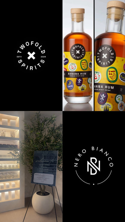 Collage of Twofold Spirits and Nero Bianco products with a plant and light fixture in the background.