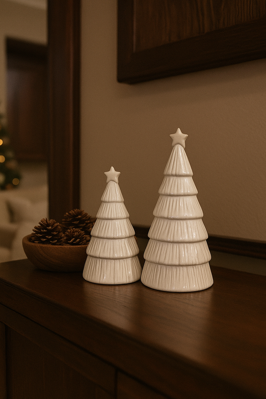 Two white ceramic Christmas trees on a wooden surface with a blurred background