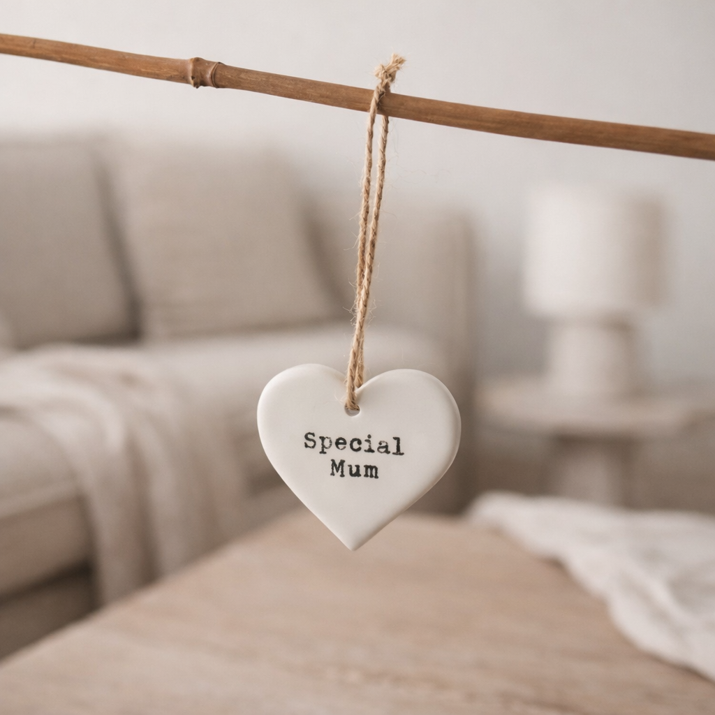Heart-shaped ceramic ornament with 'Special Mum' text hanging on a branch in a blurred indoor setting.