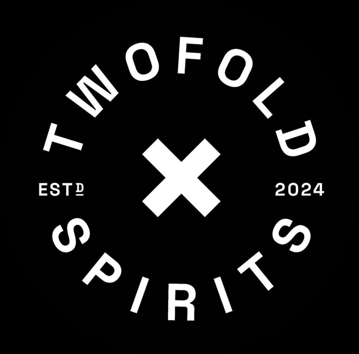 Twofold Spirits logo with a cross and establishment year on a black background