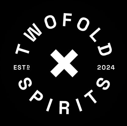 Twofold Spirits logo with a cross and establishment year on a black background