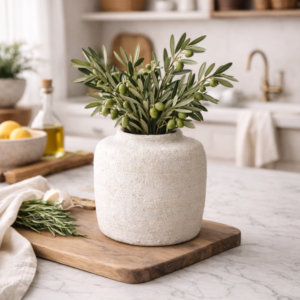 White textured vase with green plant on a wooden cutting board in a kitchen setting