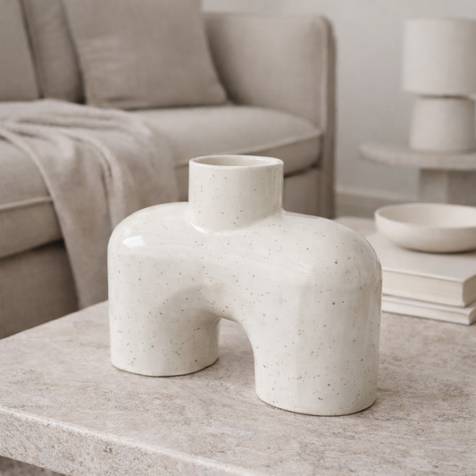 White ceramic vase on a marble surface with a neutral-colored sofa and lamp in the background