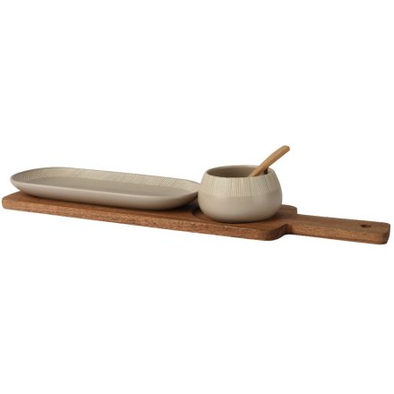 acacia wood tapas board with cermaic dip bowl