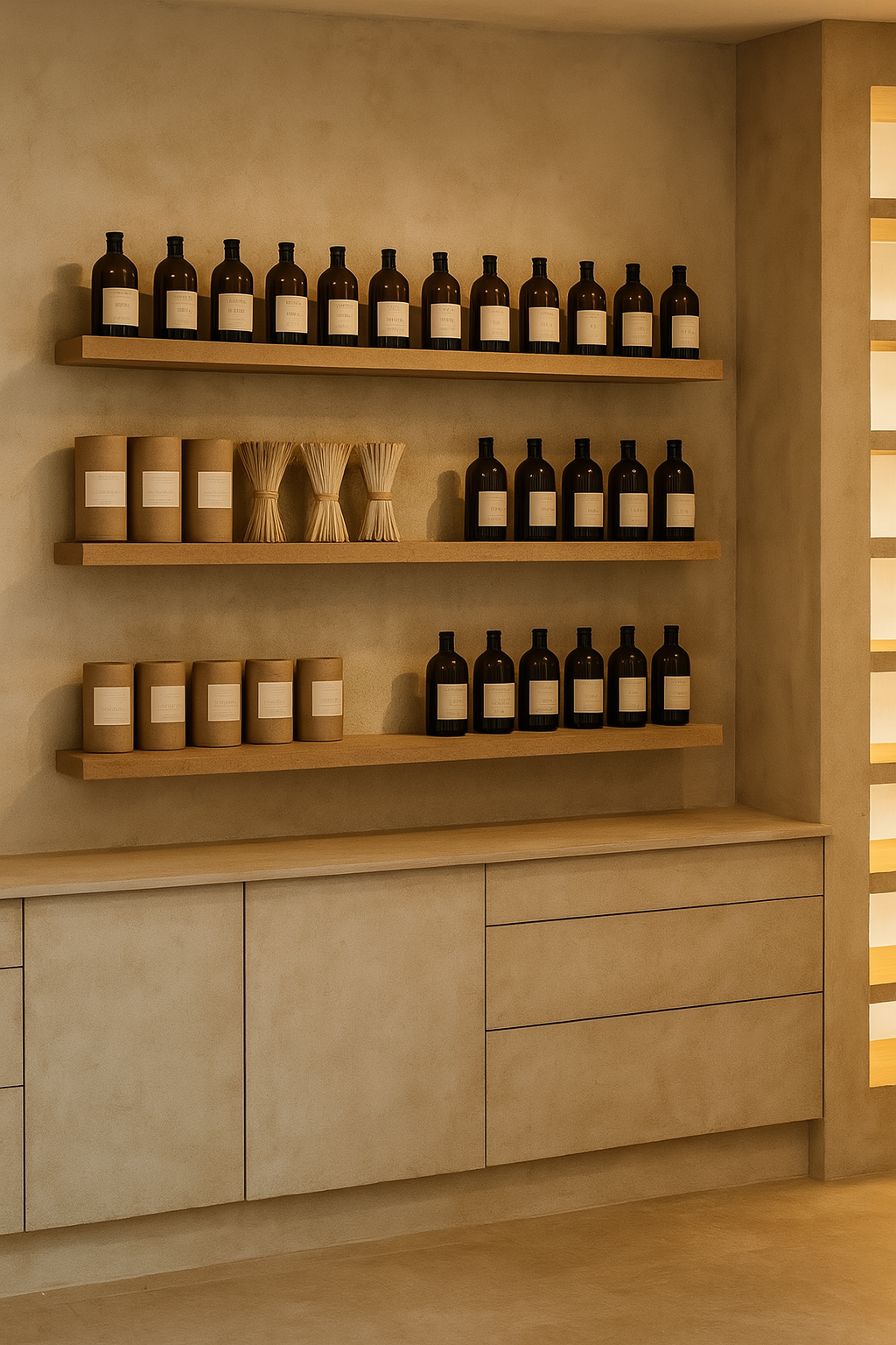 Shelves with candle fragrance bottles and candle wicks in a candle making workshop in lichfield.