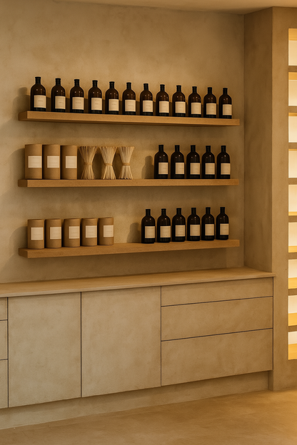 Shelves with candle fragrance bottles and candle wicks in a candle making workshop in lichfield.