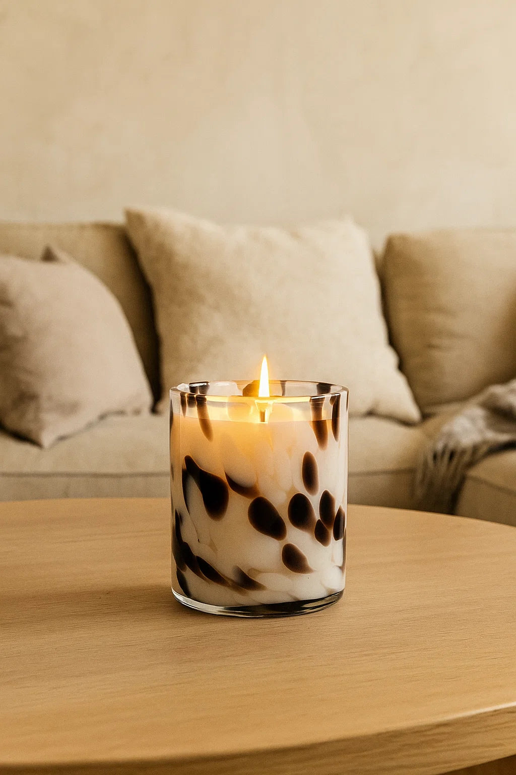 Candle in a glass holder on a wooden table with a blurred sofa in the background