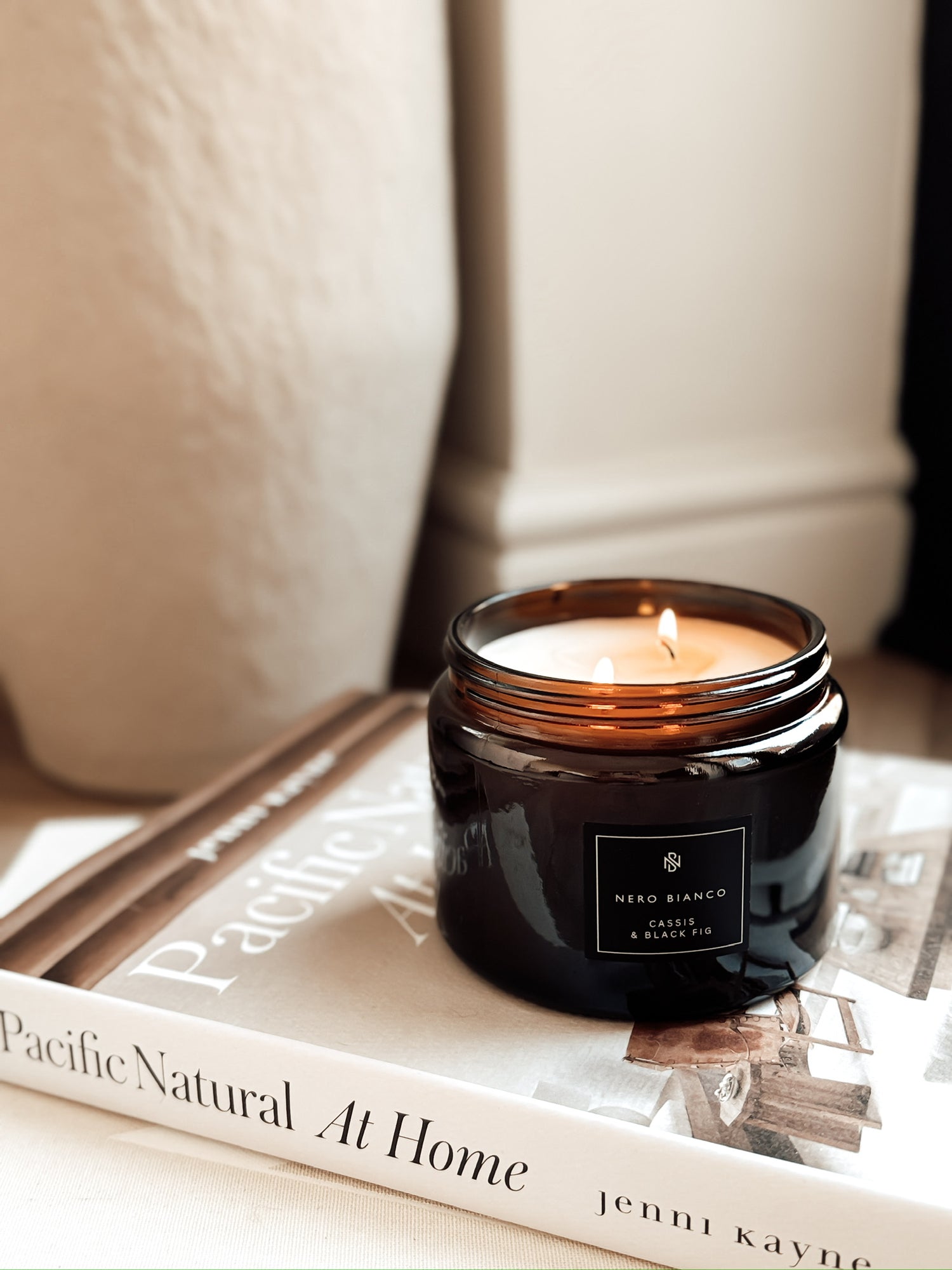 amber handpoured vegan candle cassis and fig scented candle in neutral home decor